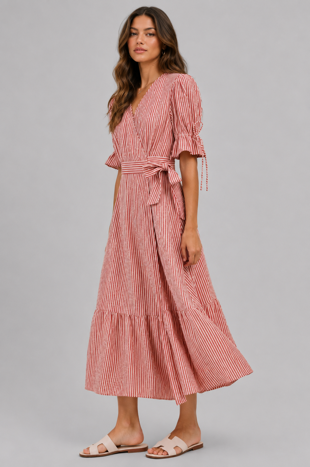 Jaslyn Stripe V Neck Wrap Midi Dres