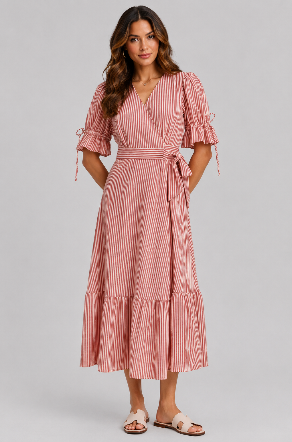 Jaslyn Stripe V Neck Wrap Midi Dres