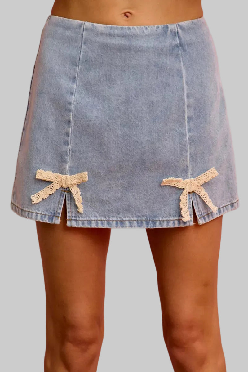 Jasmine Denim Lace Ribbon Mini Skirt