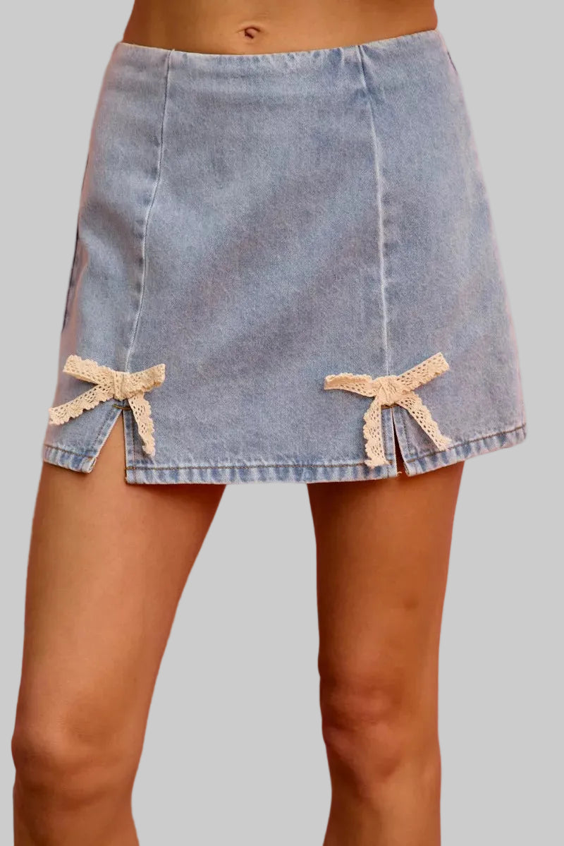 Jasmine Denim Lace Ribbon Mini Skirt