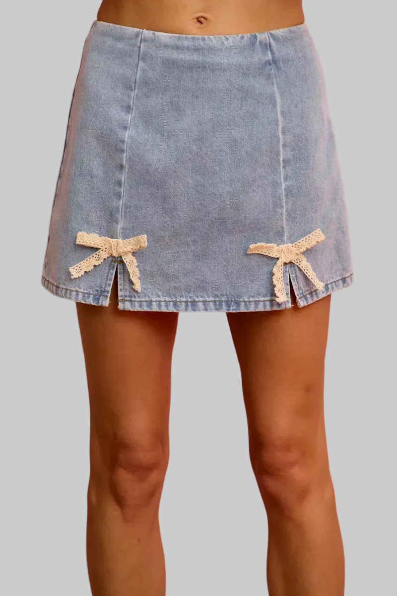 Jasmine Denim Lace Ribbon Mini Skirt