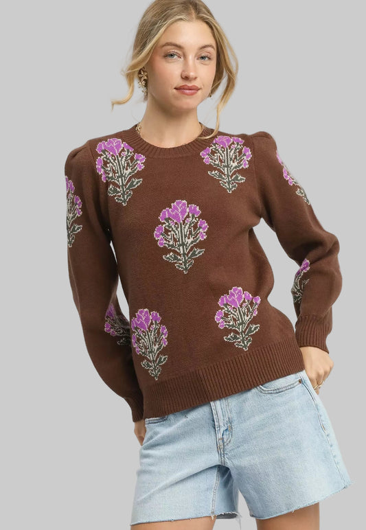 Jennifer Boho Flower Stem Jacquard Sweater