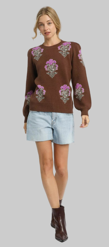 Jennifer Boho Flower Stem Jacquard Sweater