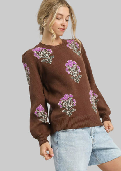 Jennifer Boho Flower Stem Jacquard Sweater
