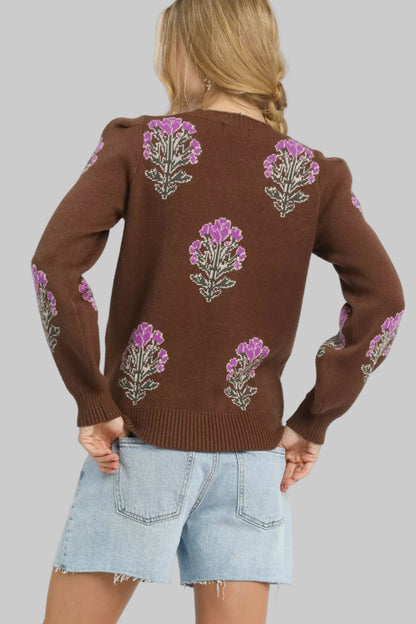 Jennifer Boho Flower Stem Jacquard Sweater
