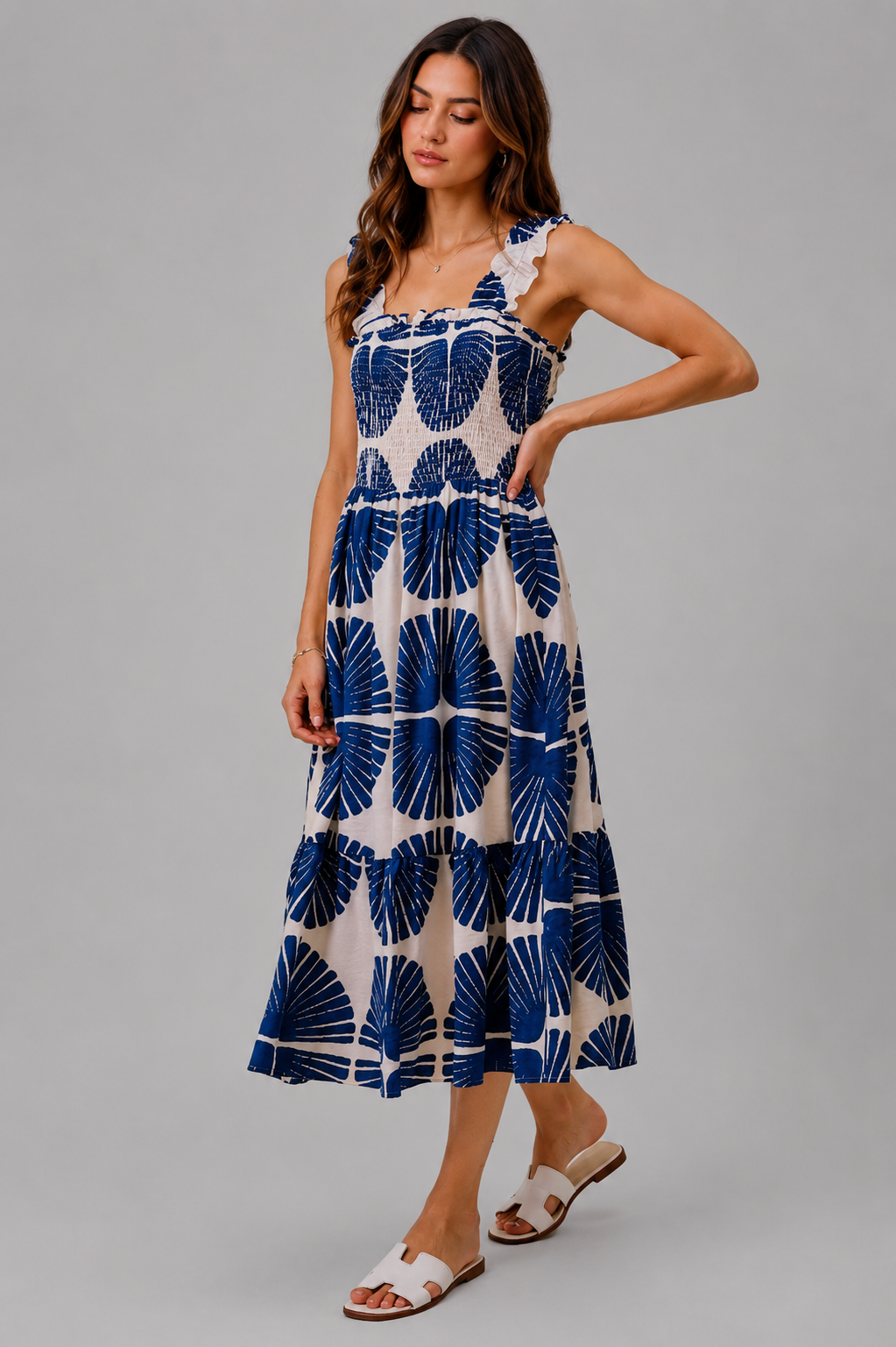 Jordyn Smocked Bodice Tiered Midi Dress