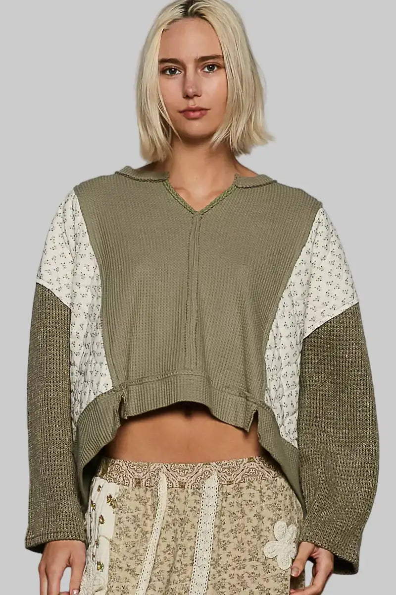 Josephine Boho Floral Cropped Thermal Top - Olive