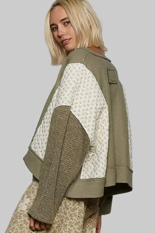 Josephine Boho Floral Cropped Thermal Top - Olive