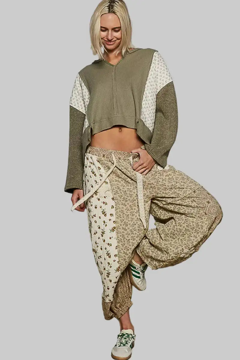 Josephine Boho Floral Cropped Thermal Top - Olive