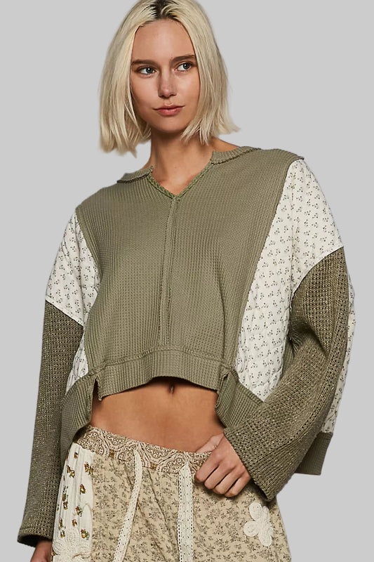 Josephine Boho Floral Cropped Thermal Top - Olive