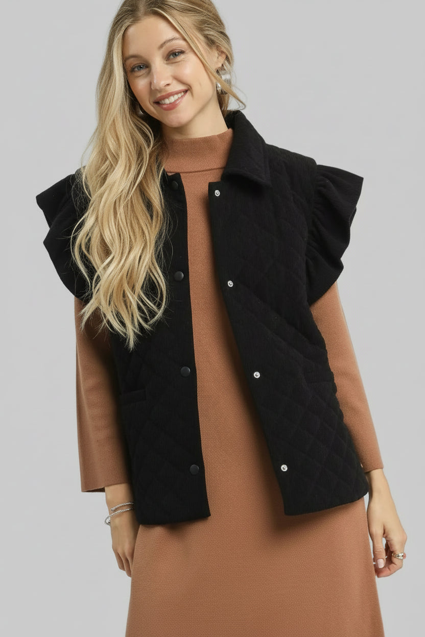 Julia Boho Corduroy Quilted Vest - Black