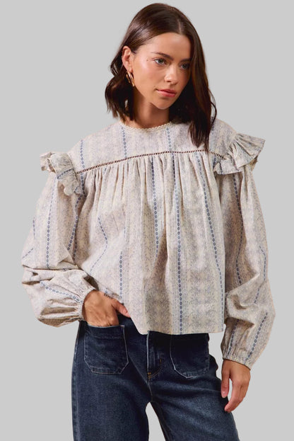 Country Boho Floral Cotton Print Ruffled Long Sleeve Blouse