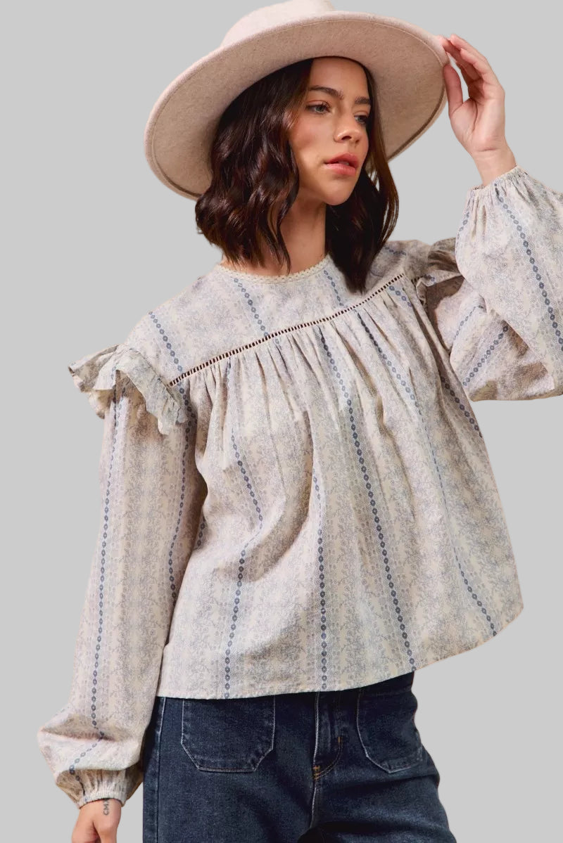 Country Boho Floral Cotton Print Ruffled Long Sleeve Blouse