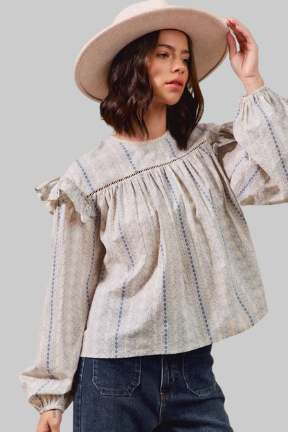 Country Boho Floral Cotton Print Ruffled Long Sleeve Blouse