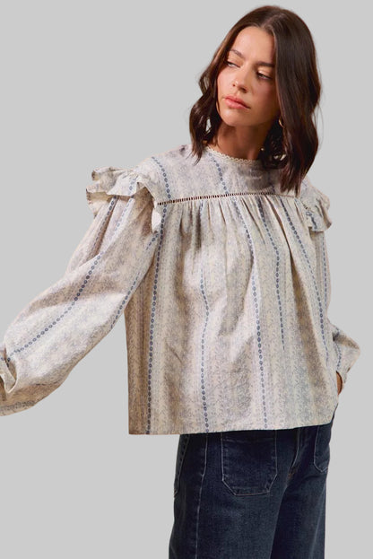 Country Boho Floral Cotton Print Ruffled Long Sleeve Blouse