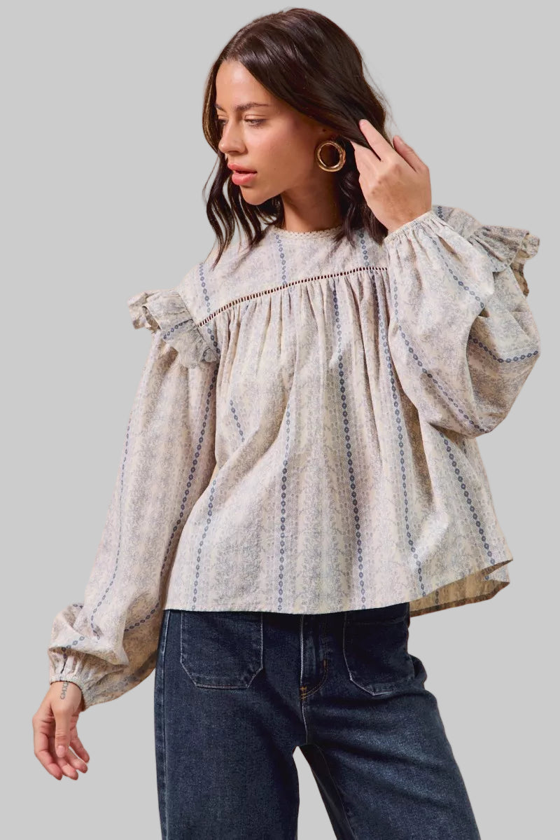 Country Boho Floral Cotton Print Ruffled Long Sleeve Blouse