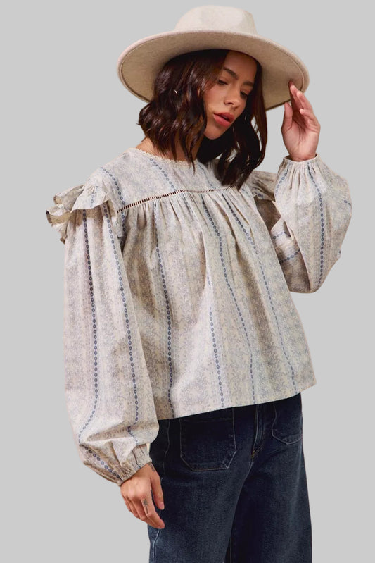 Country Boho Floral Cotton Print Ruffled Long Sleeve Blouse