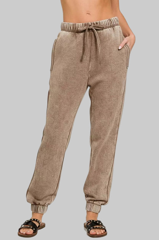 Julie Acid Wash Fleece Sweatpants with Pockets - Mocha