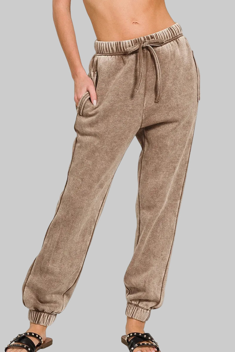 Julie Acid Wash Fleece Sweatpants with Pockets - Mocha