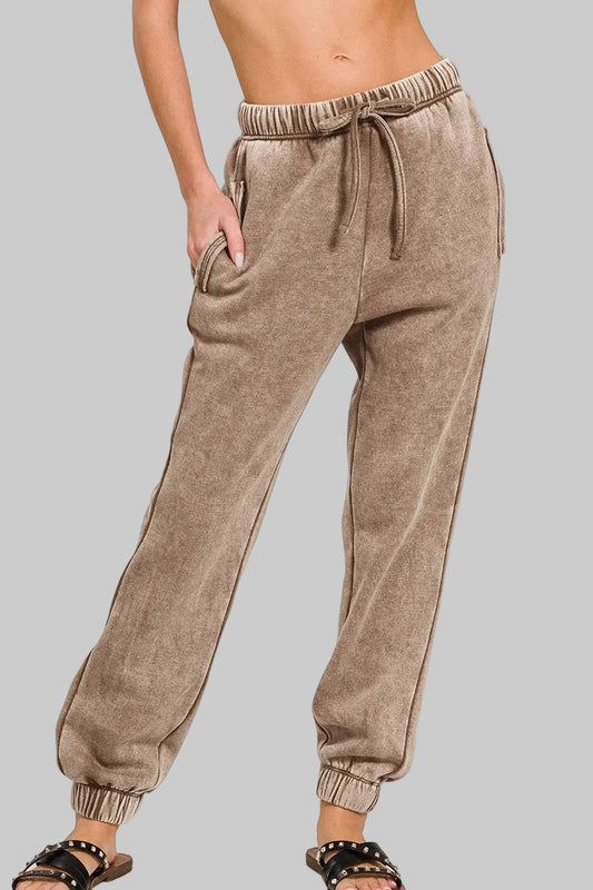 Julie Acid Wash Fleece Sweatpants with Pockets - Mocha
