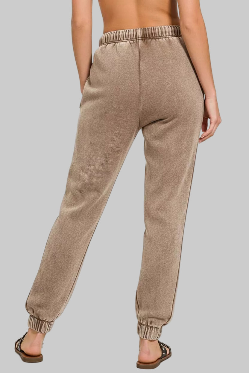 Julie Acid Wash Fleece Sweatpants with Pockets - Mocha