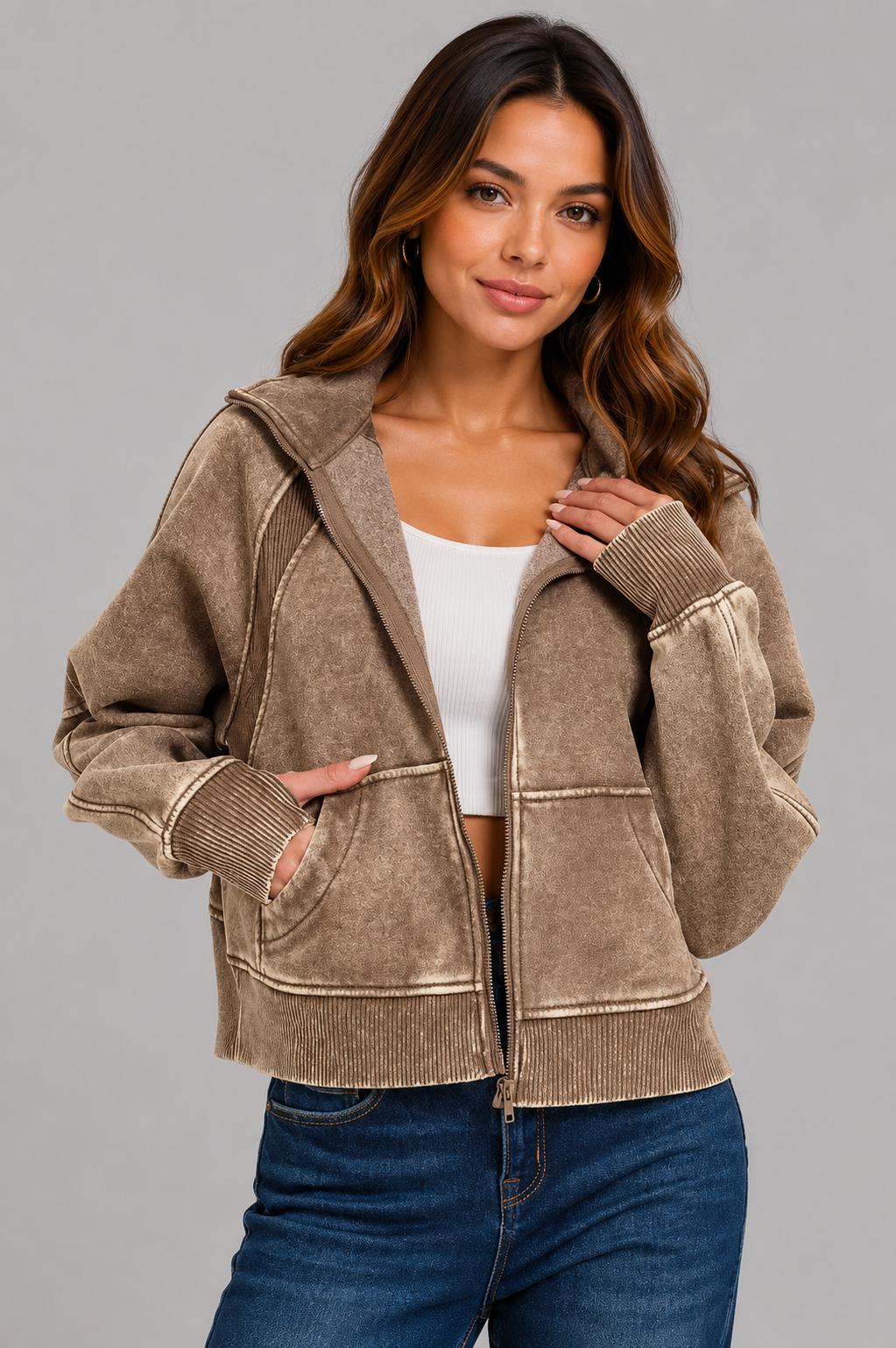 Julie Acid Wash Zip Up Fleece Jacket - Mocha