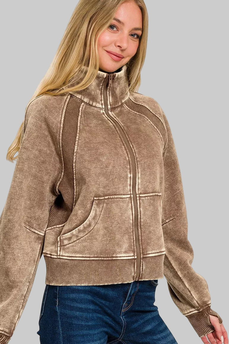 Julie Acid Wash Zip Up Fleece Jacket - Mocha