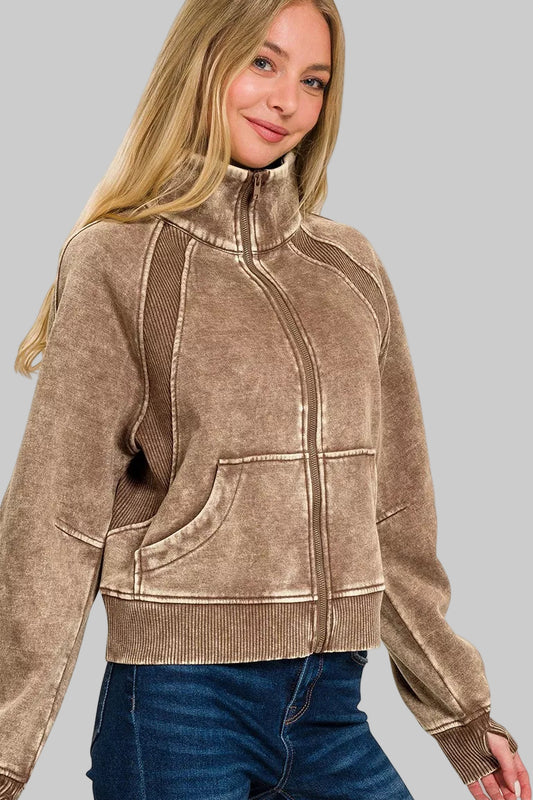 Julie Acid Wash Zip Up Fleece Jacket - Mocha