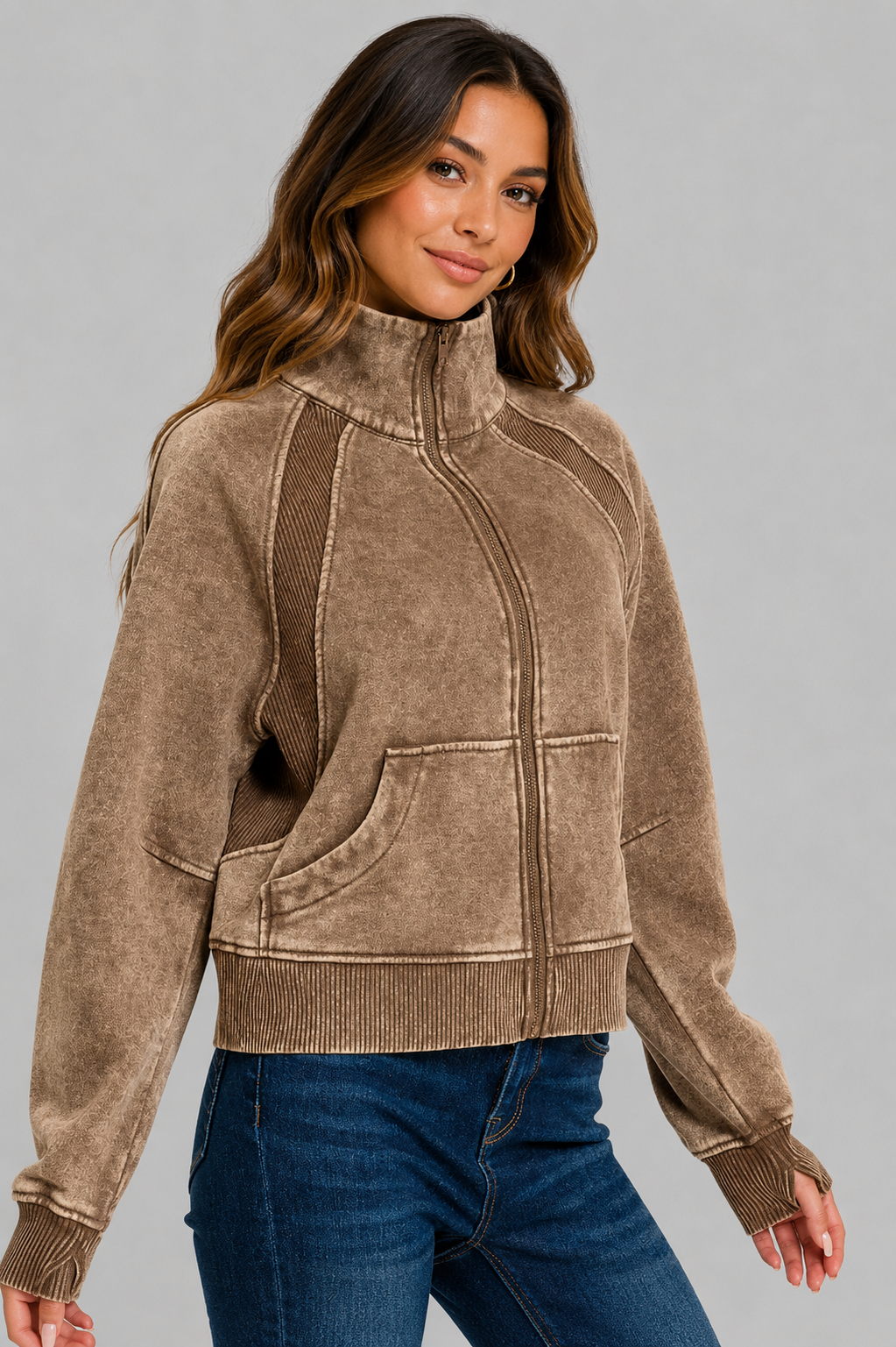 Julie Acid Wash Zip Up Fleece Jacket - Mocha