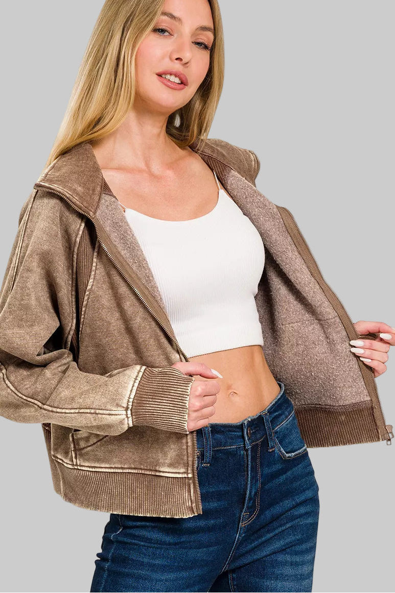 Julie Acid Wash Zip Up Fleece Jacket - Mocha