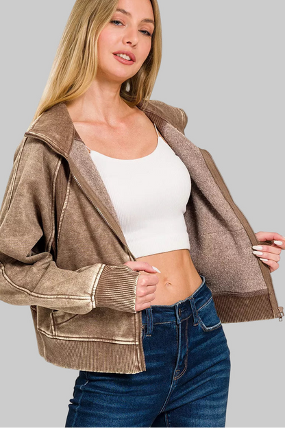 Julie Acid Wash Zip Up Fleece Jacket - Mocha