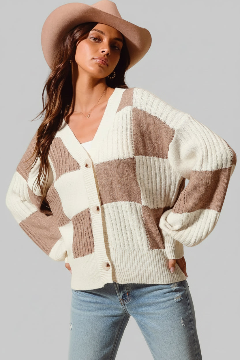 Juniper Checkered Button Front Sweater Cardigan
