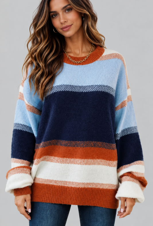 A woman wearing a chunky knit crewneck sweater with horizontal stripes in navy blue, light blue, rust orange, and cream, paired with blue jeans against a solid gray studio background.
