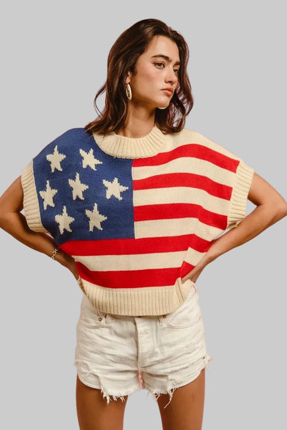 Kaia Star Patch American Flag Sleeveless Sweater