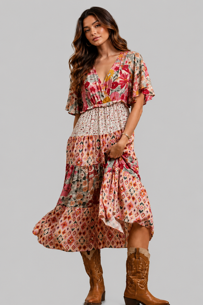 Kaiya Floral Print V Neck Boho Midi Dress