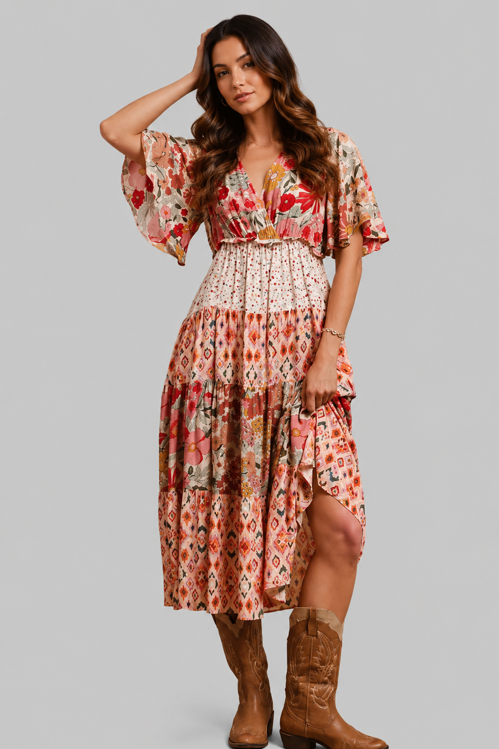 Kaiya Floral Print V Neck Boho Midi Dress