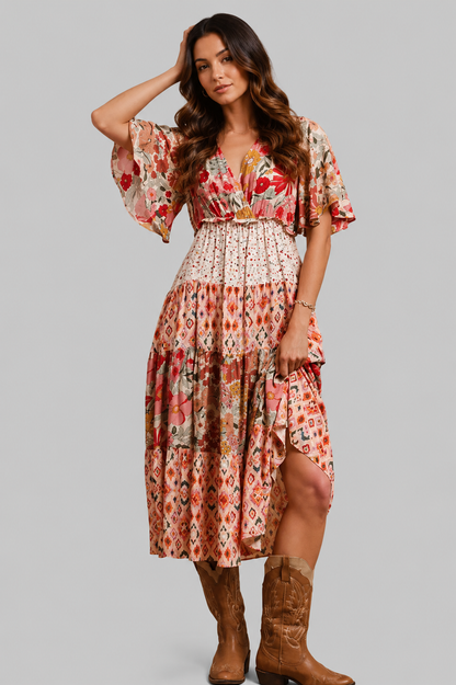 Kaiya Floral Print V Neck Boho Midi Dress