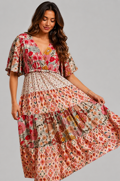 Kaiya Floral Print V Neck Boho Midi Dress