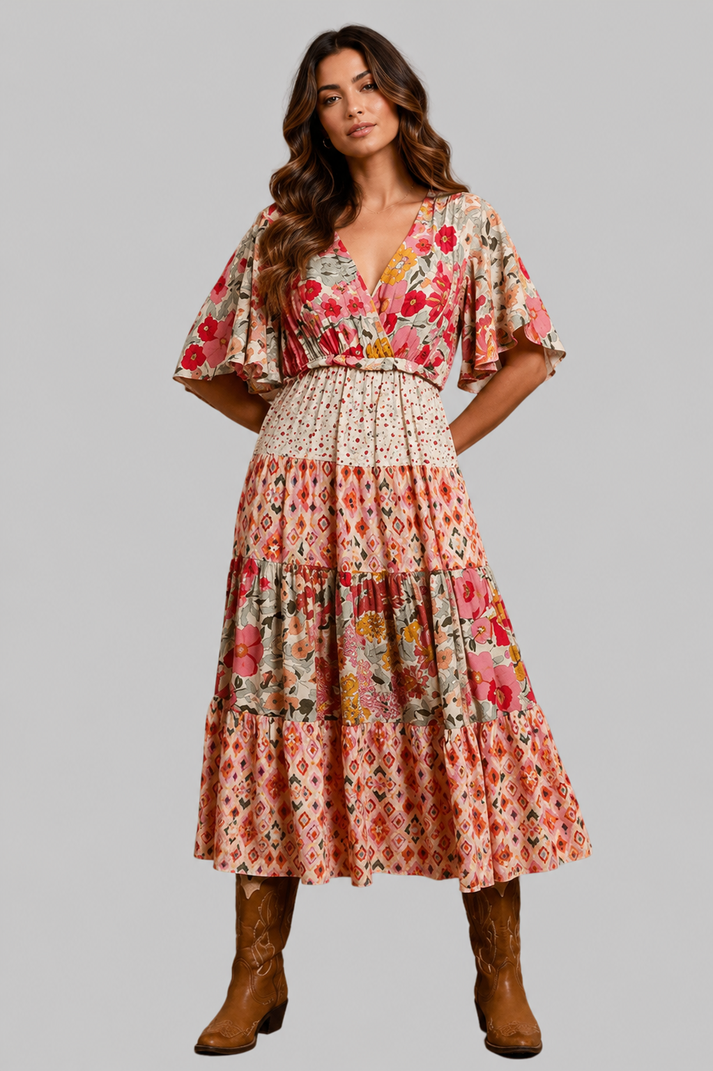 Kaiya Floral Print V Neck Boho Midi Dress