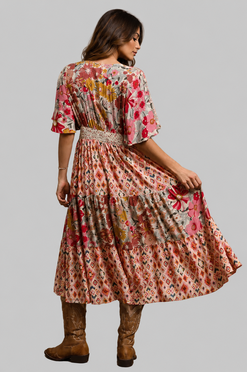 Kaiya Floral Print V Neck Boho Midi Dress
