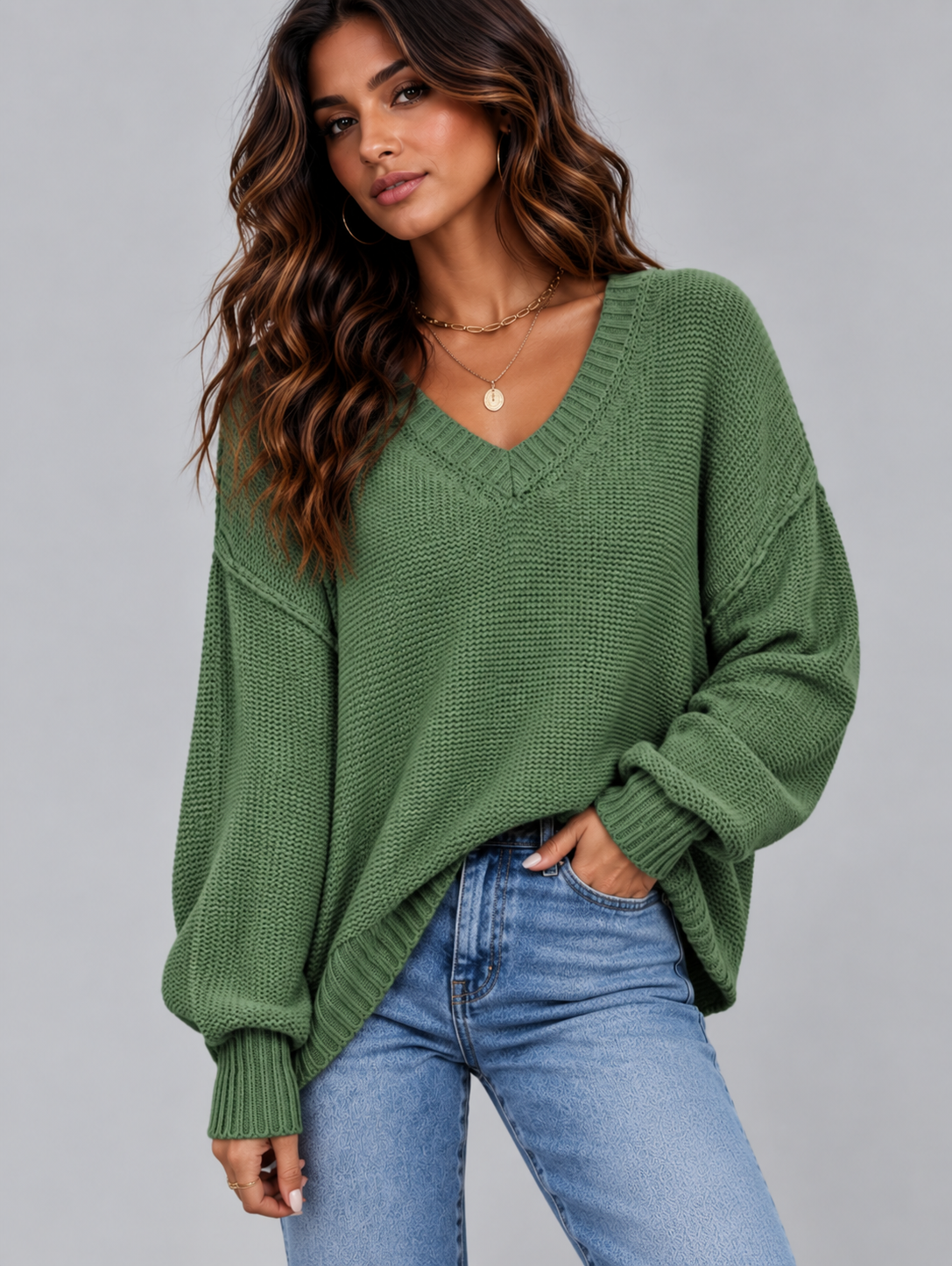 A woman wearing an oversized green ribbed knit sweater with a V-neck and dropped shoulders, paired with light blue jeans, against a solid gray studio background.