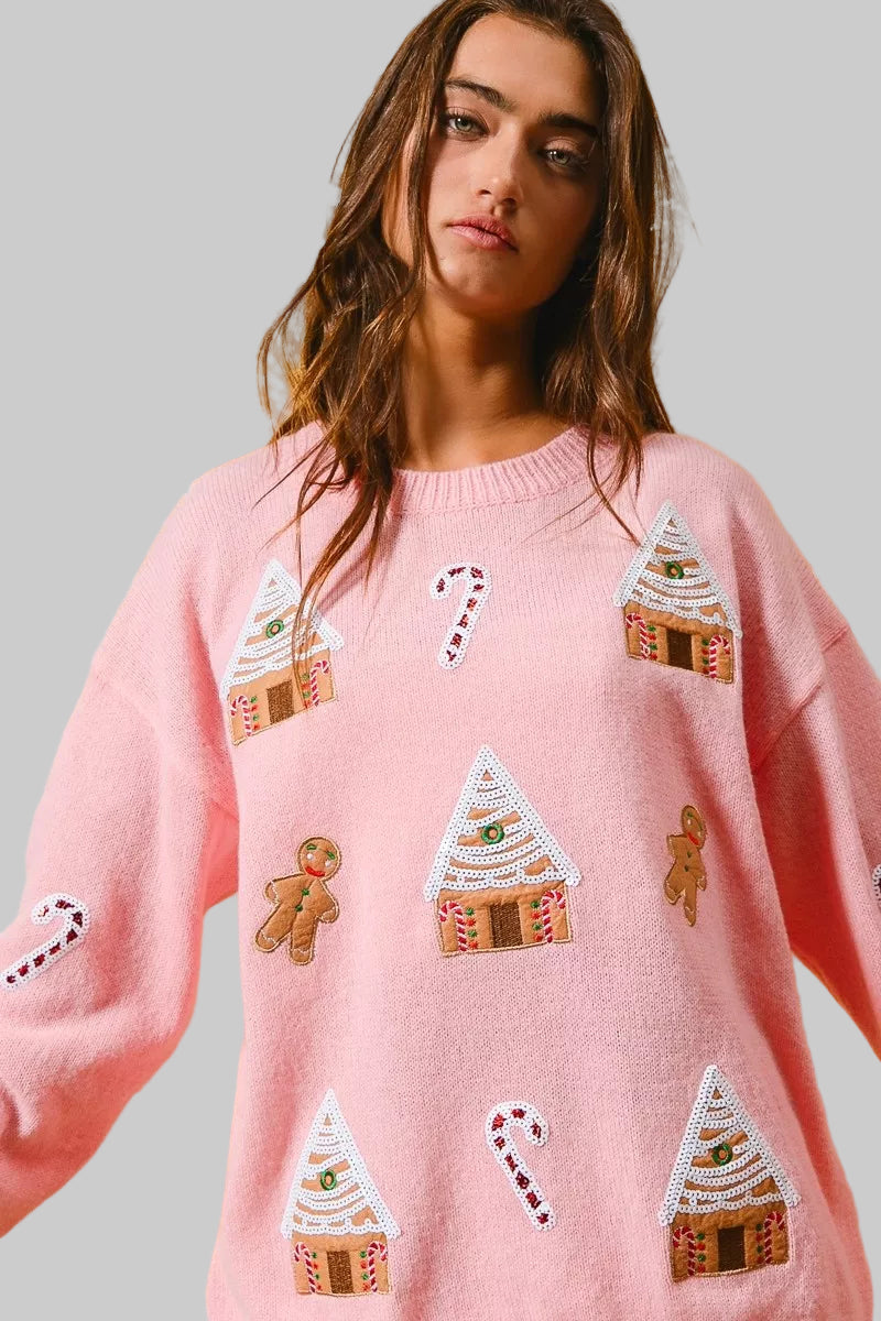 Katie Boho Christmas Gingerbread Patches Sweater