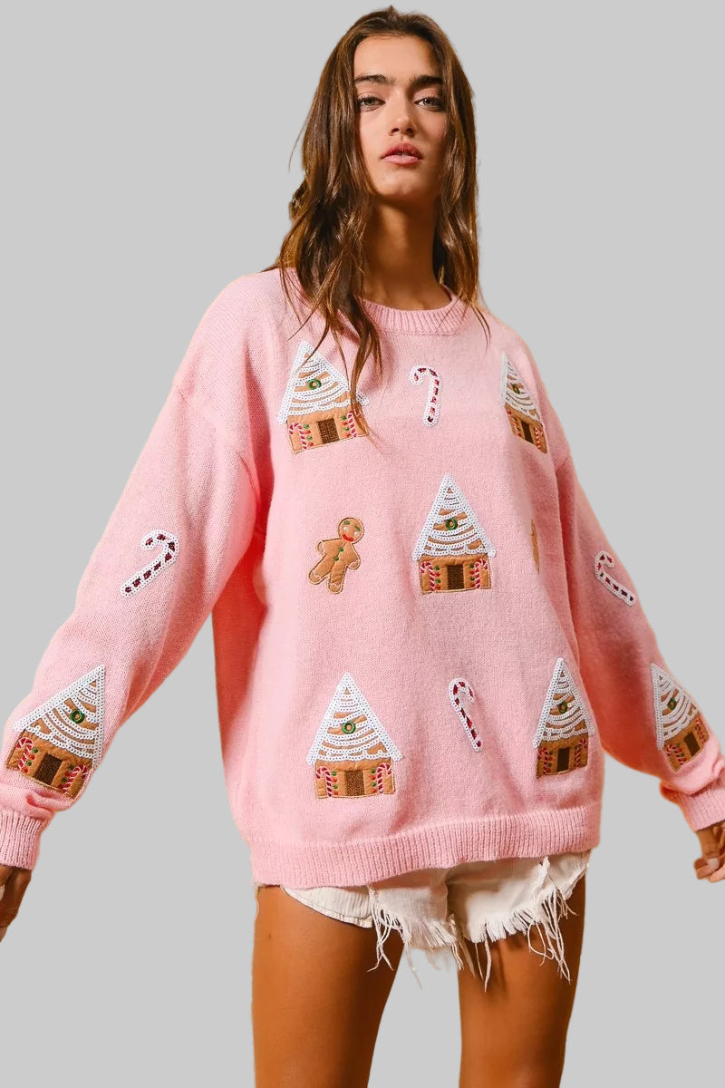 Katie Boho Christmas Gingerbread Patches Sweater