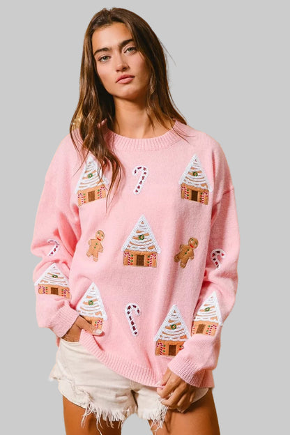Katie Boho Christmas Gingerbread Patches Sweater