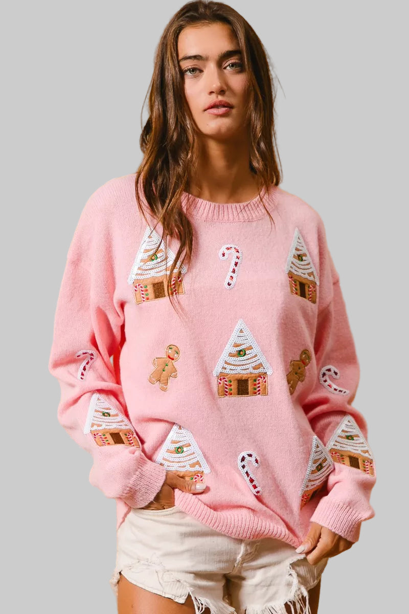 Katie Boho Christmas Gingerbread Patches Sweater