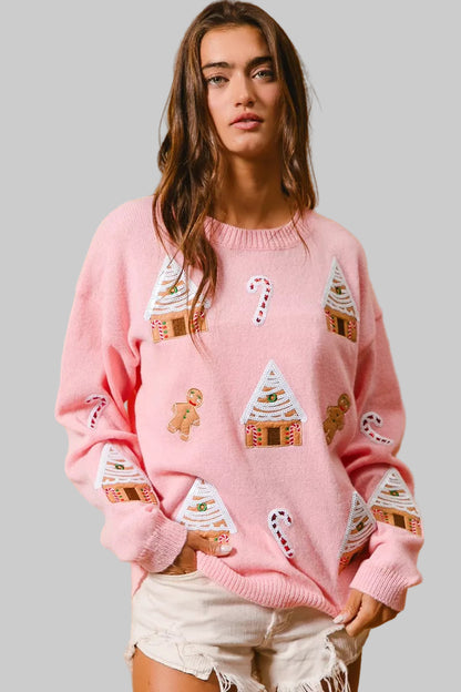 Katie Boho Christmas Gingerbread Patches Sweater