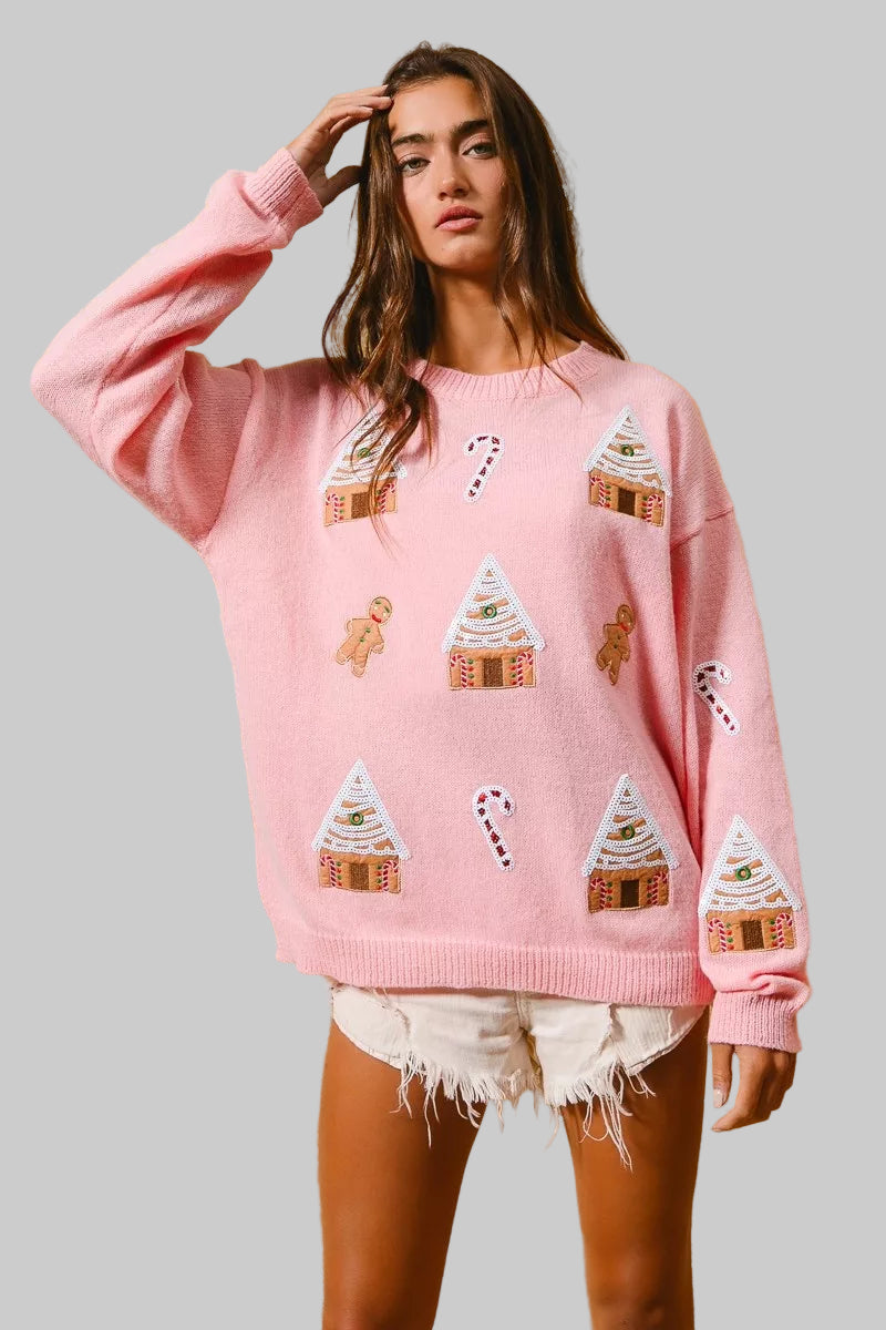 Katie Boho Christmas Gingerbread Patches Sweater