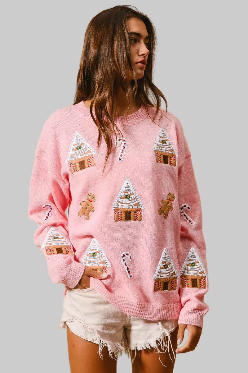 Katie Boho Christmas Gingerbread Patches Sweater