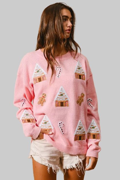 Katie Boho Christmas Gingerbread Patches Sweater