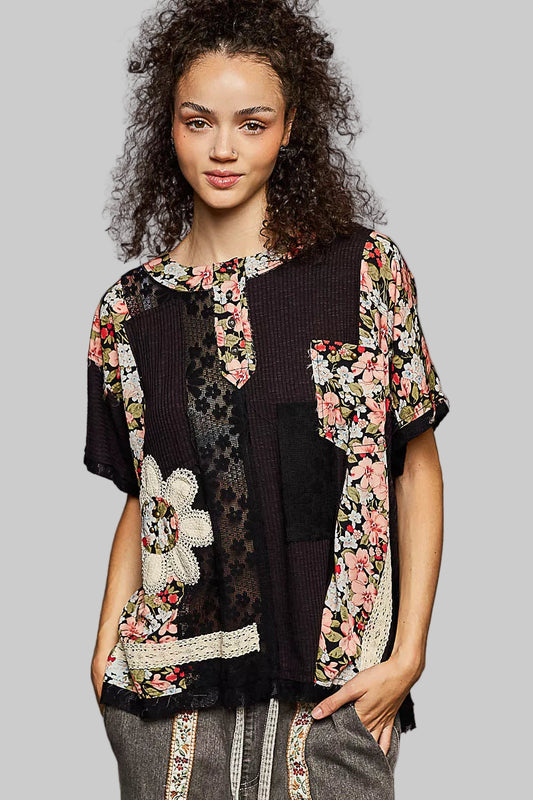 Katlyn Lace Boho Floral Pattern Top with Patch Detail